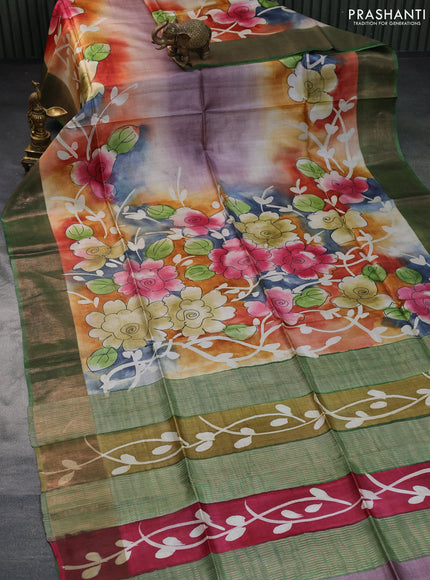 Pure tussar silk saree multi colour and green with floral hand painted prints and zari woven border