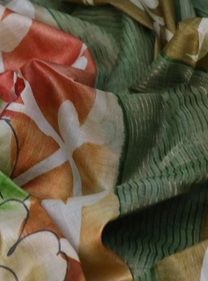 Pure tussar silk saree multi colour and green with floral hand painted prints and zari woven border