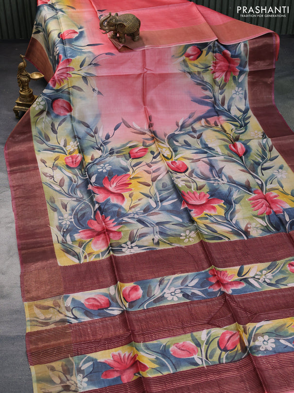 Pure tussar silk saree peach pink and multi colour with floral hand painted prints and zari woven border