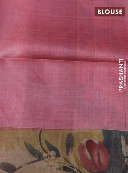 Pure tussar silk saree peach pink and multi colour with floral hand painted prints and zari woven border