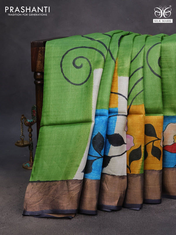 Pure tussar silk saree multi colour with floral hand painted prints and zari woven border