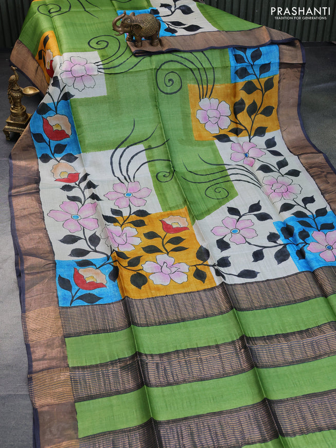 Pure tussar silk saree multi colour with floral hand painted prints and zari woven border