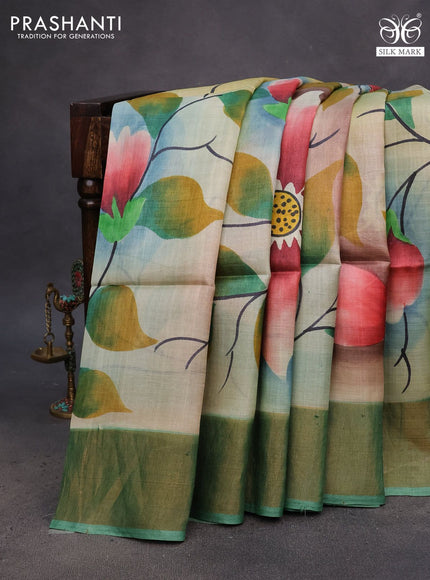 Pure tussar silk saree multi colour and green shade with floral hand painted prints and zari woven border