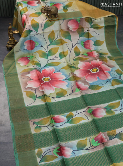 Pure tussar silk saree multi colour and green shade with floral hand painted prints and zari woven border