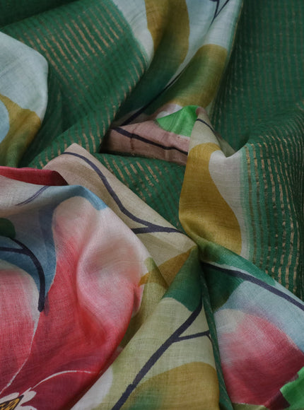 Pure tussar silk saree multi colour and green shade with floral hand painted prints and zari woven border