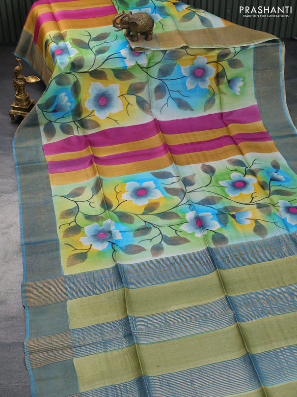 Pure tussar silk saree multi colour with allover hand painted kalamkari prints and zari woven border