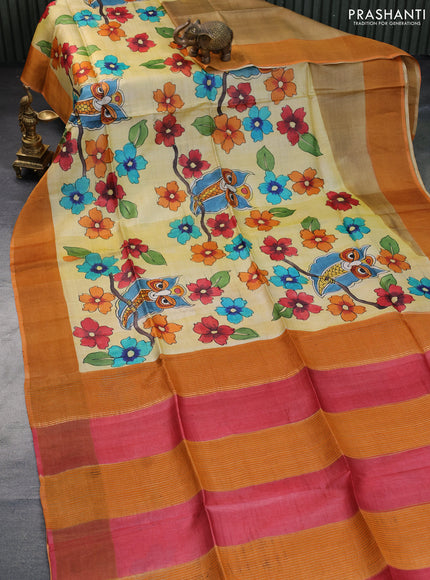 Pure tussar silk saree pale yellow and orange with floral hand painted prints and zari woven border