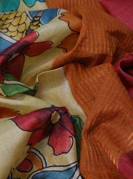 Pure tussar silk saree pale yellow and orange with floral hand painted prints and zari woven border