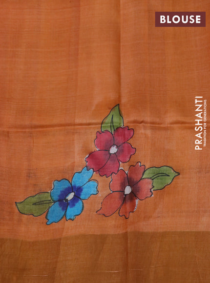 Pure tussar silk saree pale yellow and orange with floral hand painted prints and zari woven border