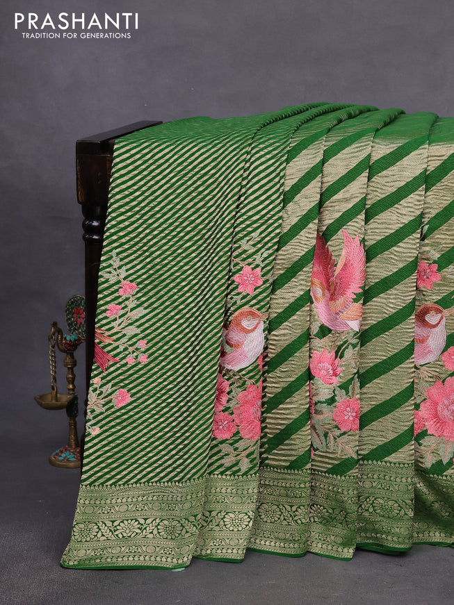 Pure crepe saree green with allover zari woven leheriya weaves & embroidery work and zari woven border