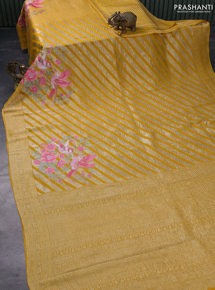 Pure crepe saree mustard yellow with allover zari woven leheriya weaves & embroidery work and zari woven border