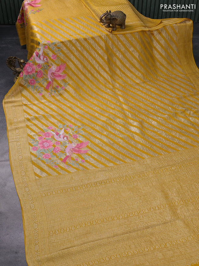 Pure crepe saree mustard yellow with allover zari woven leheriya weaves & embroidery work and zari woven border