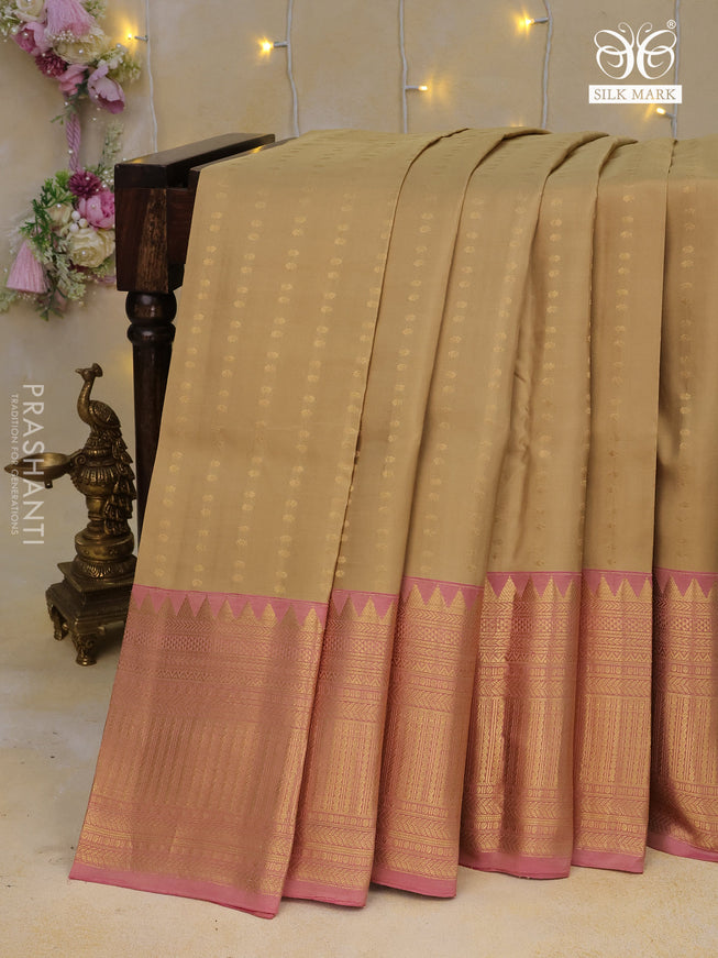 Pure kanchipuram silk saree sandal and peach pink with allover zari woven 1000 buttas and long zari woven border