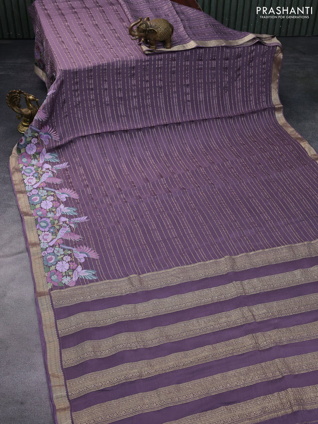 Pure crepe saree pastel lavender with allover zari weaves & embroidery work and zari woven border