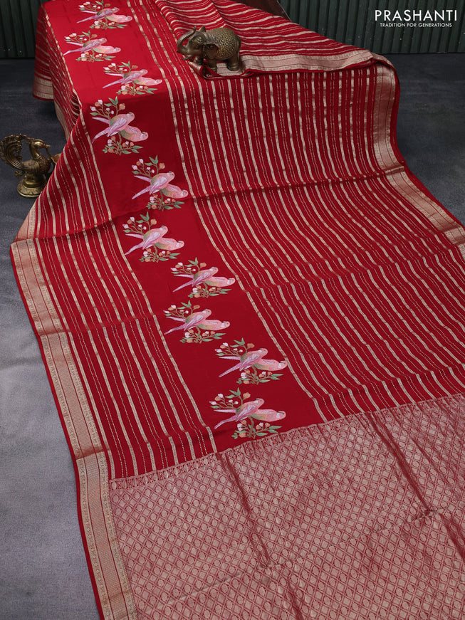 Pure crepe saree red with allover zari weaves & embroidery work and zari woven border