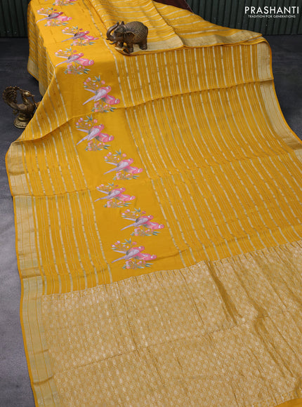 Pure crepe saree mustard yellow with allover zari weaves & embroidery work and zari woven border