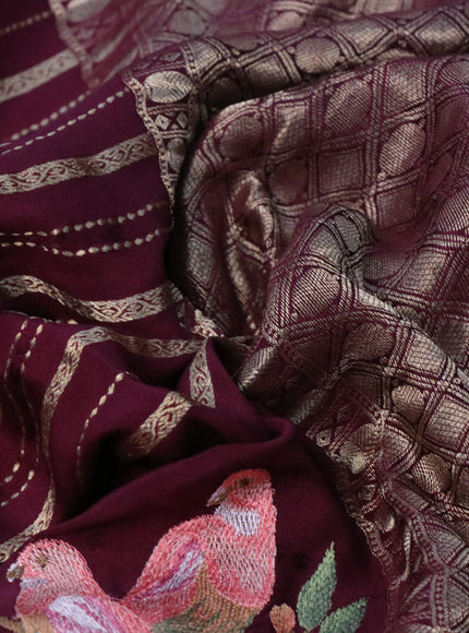 Pure crepe saree wine shade with allover zari weaves & embroidery work and zari woven border