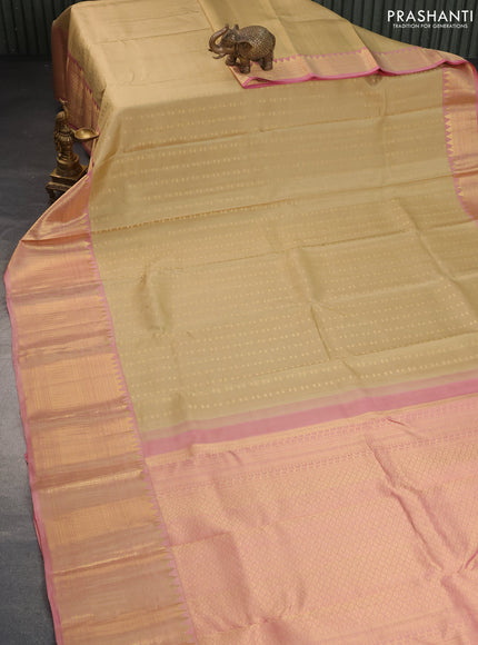 Pure kanchipuram silk saree sandal and peach pink with allover zari woven 1000 buttas and long zari woven border