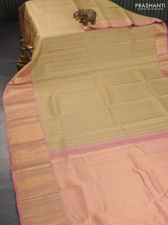 Pure kanchipuram silk saree sandal and peach pink with allover zari woven 1000 buttas and long zari woven border