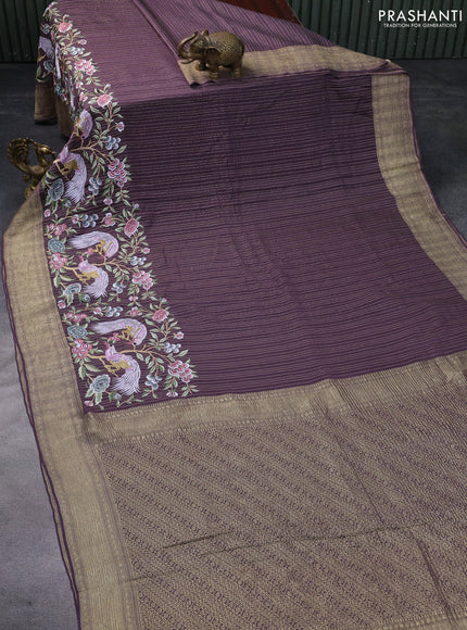 Pure crepe saree pastel jamun shade with allover zari weaves & embroidery work and zari woven border