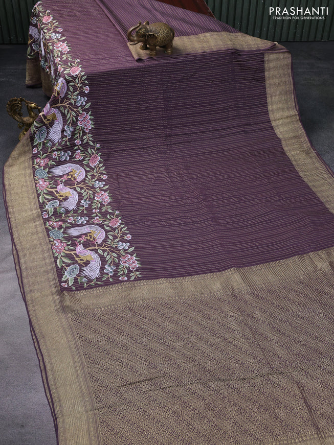 Pure crepe saree pastel jamun shade with allover zari weaves & embroidery work and zari woven border