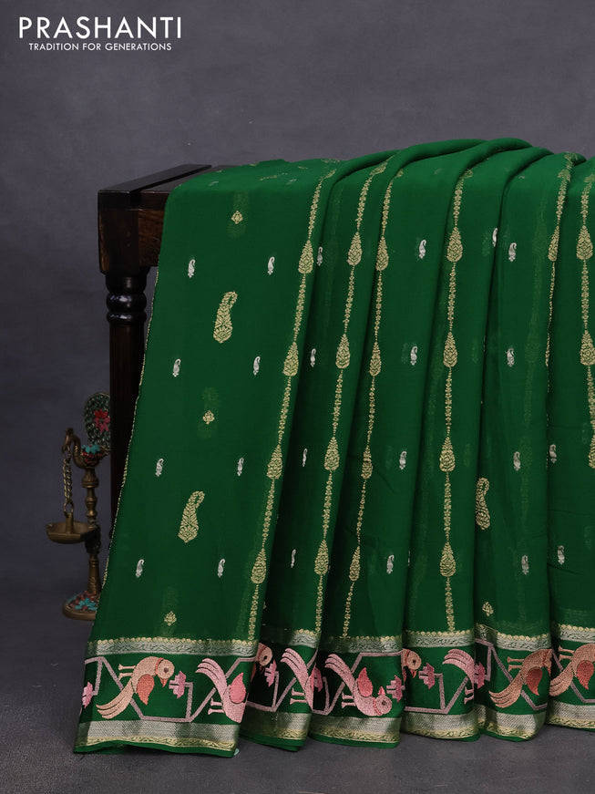 Pure georgette saree green with zari woven buttas and embroidery work border