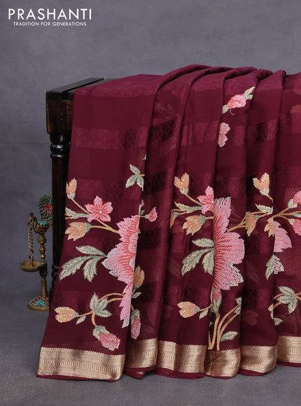 Pure georgette saree deep maroon with allover self emboss & floral embroidery work and zari woven border