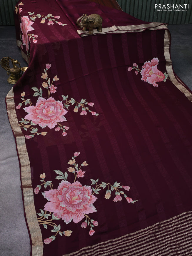 Pure georgette saree deep maroon with allover self emboss & floral embroidery work and zari woven border