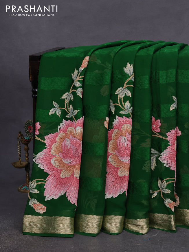 Pure georgette saree green with allover self emboss & floral embroidery work and zari woven border