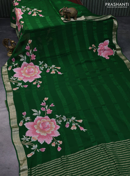 Pure georgette saree green with allover self emboss & floral embroidery work and zari woven border