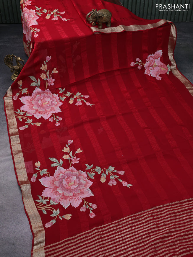 Pure georgette saree red with allover self emboss & floral embroidery work and zari woven border