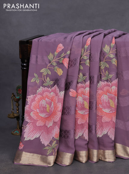 Pure georgette saree pastel lavender with allover self emboss & floral embroidery work and zari woven border