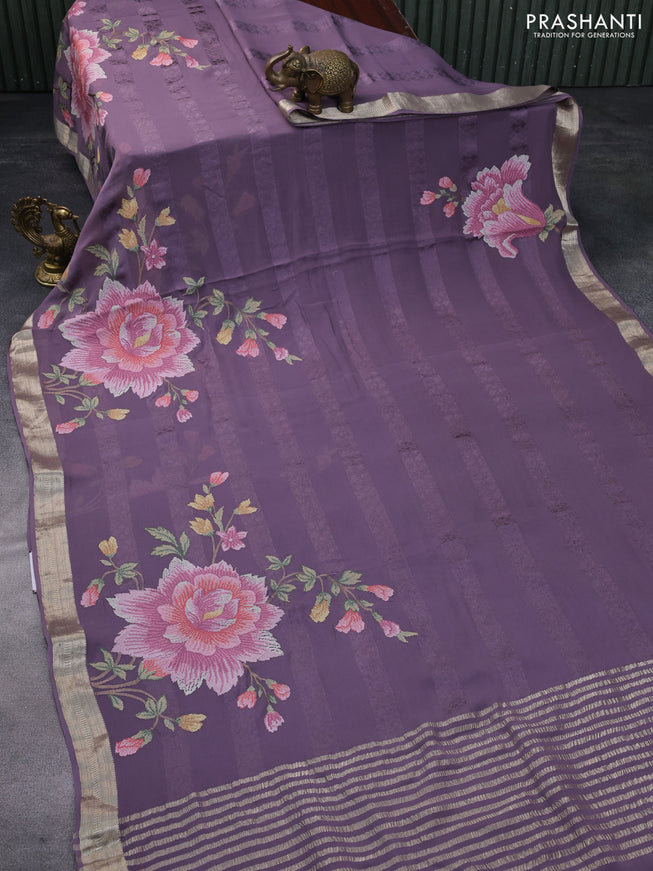 Pure georgette saree pastel lavender with allover self emboss & floral embroidery work and zari woven border