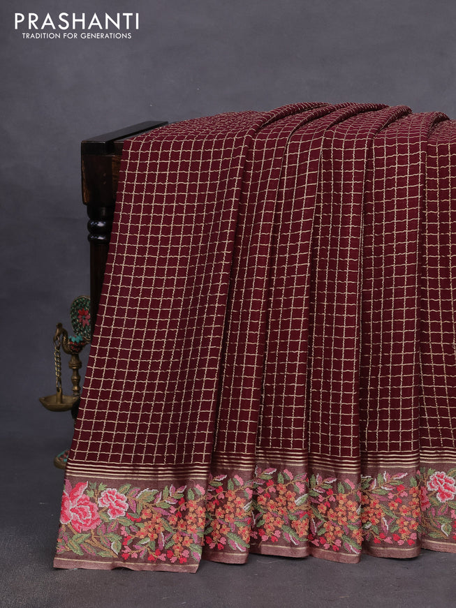 Pure georgette saree maroon with allover zari checked pattern and floral deisgn embroidery work border