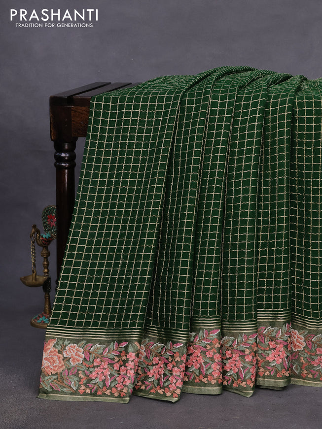 Pure georgette saree green with allover zari checked pattern and floral deisgn embroidery work border