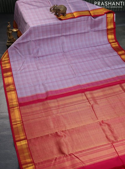 Pure kanchipuram silk saree pastel grey and pink with allover checked pattern and zari woven korvai border