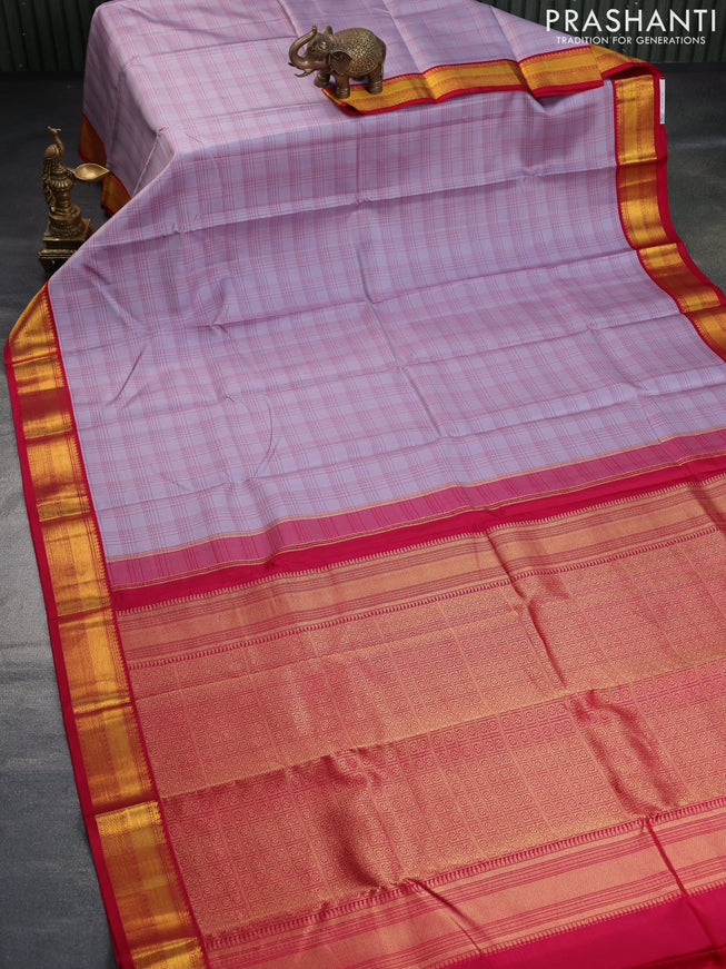 Pure kanchipuram silk saree pastel grey and pink with allover checked pattern and zari woven korvai border