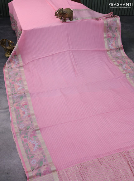 Pure georgette saree light pink with plain body and rettapet zari woven embroidery work border