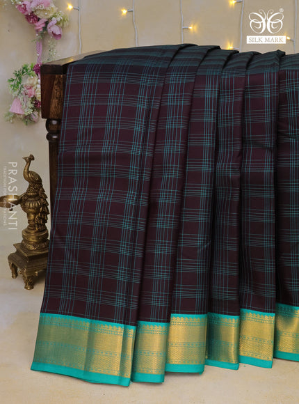 Pure kanchipuram silk saree deep coffee brown and teal green with allover checked pattern and zari woven korvai border