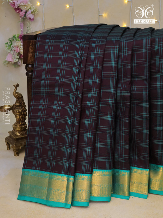 Pure kanchipuram silk saree deep coffee brown and teal green with allover checked pattern and zari woven korvai border