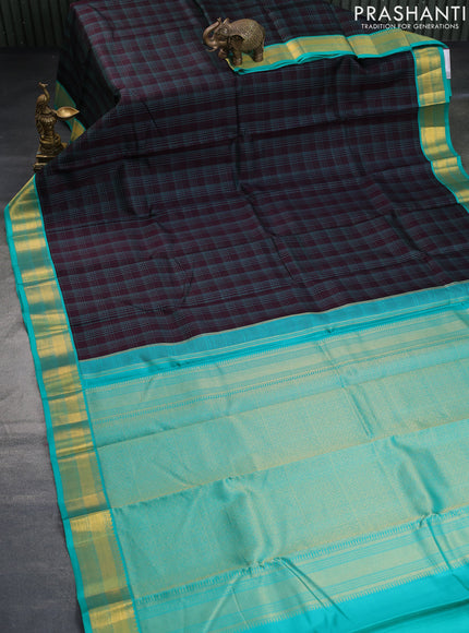 Pure kanchipuram silk saree deep coffee brown and teal green with allover checked pattern and zari woven korvai border