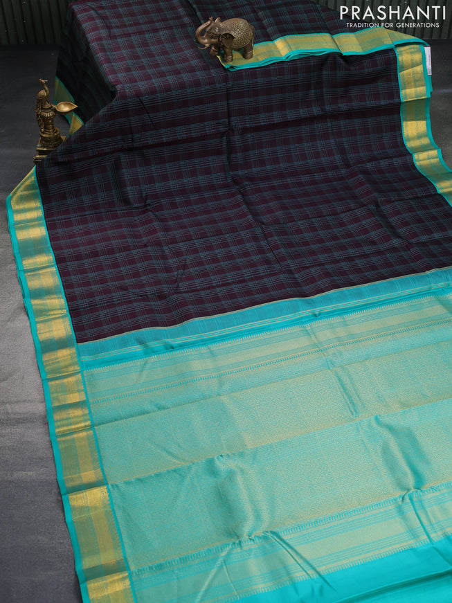 Pure kanchipuram silk saree deep coffee brown and teal green with allover checked pattern and zari woven korvai border