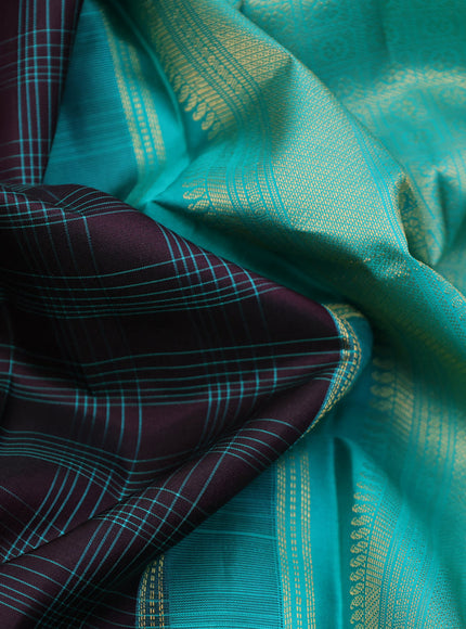 Pure kanchipuram silk saree deep coffee brown and teal green with allover checked pattern and zari woven korvai border