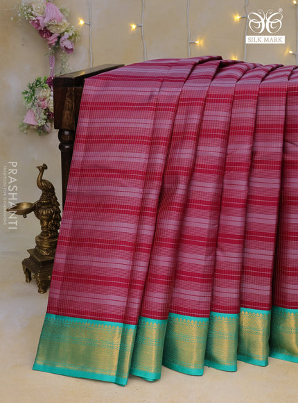 Pure kanchipuram silk saree dark magenta pink and teal green with allover thread weaves and zari woven korvai border