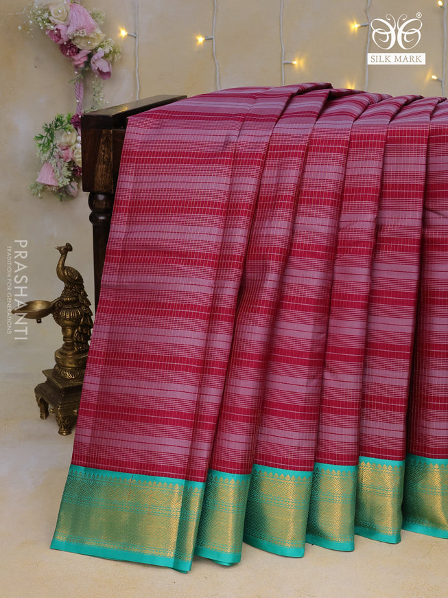 Pure kanchipuram silk saree dark magenta pink and teal green with allover thread weaves and zari woven korvai border