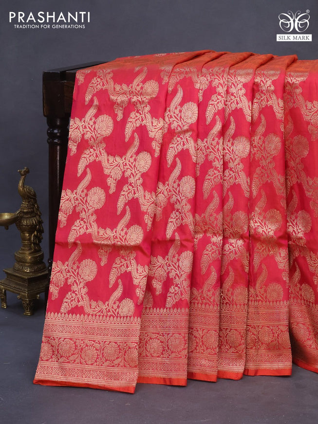 Banarasi uppada silk saree dual shade of pinkish orange with allover zari woven brocade weaves and zari woven border