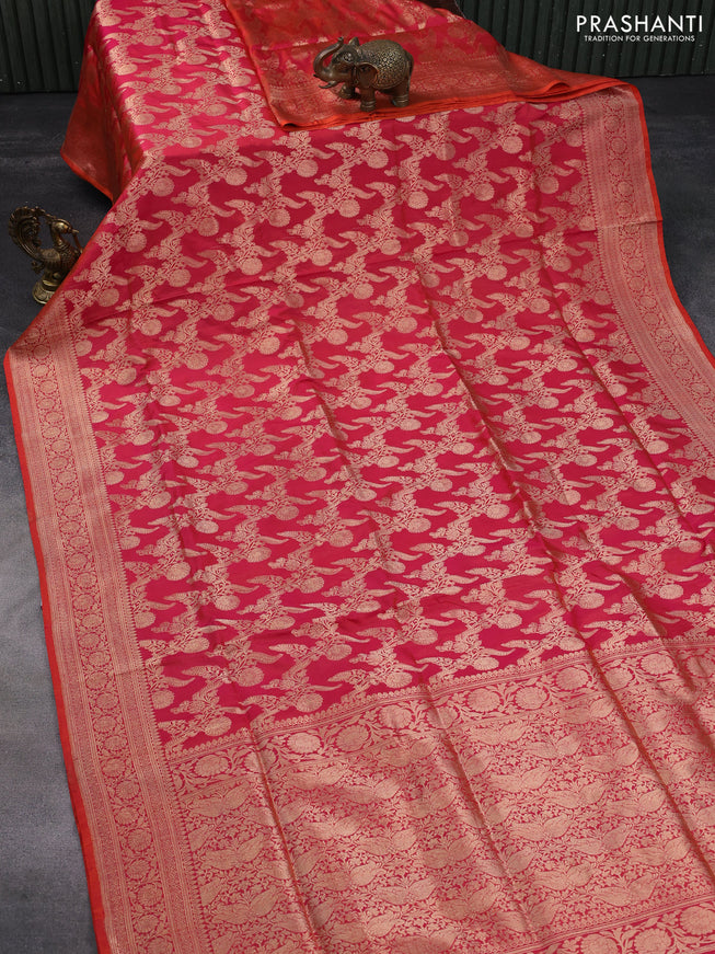 Banarasi uppada silk saree dual shade of pinkish orange with allover zari woven brocade weaves and zari woven border