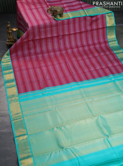 Pure kanchipuram silk saree dark magenta pink and teal green with allover thread weaves and zari woven korvai border