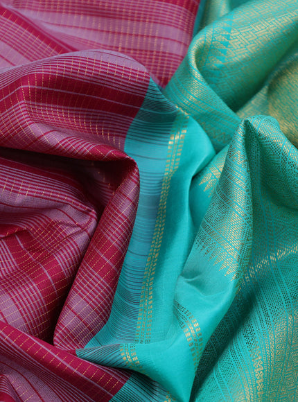 Pure kanchipuram silk saree dark magenta pink and teal green with allover thread weaves and zari woven korvai border