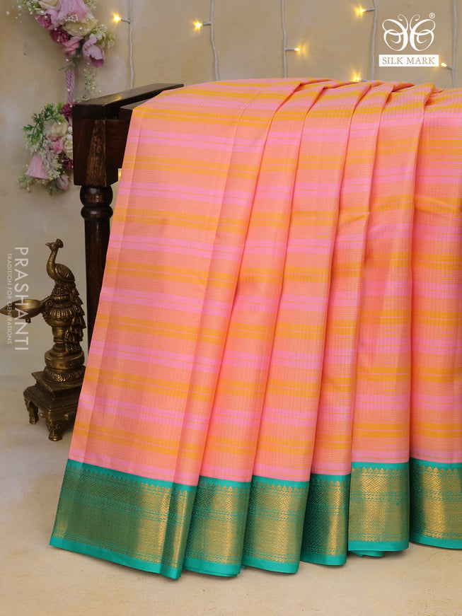 Pure kanchipuram silk saree candy pink and teal green with allover thread weaves and zari woven korvai border